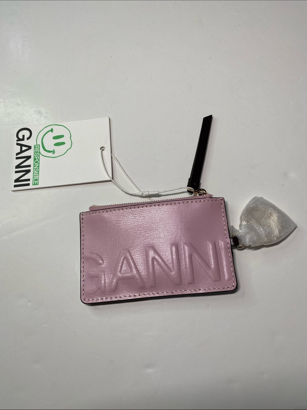 New GANNI Banner Leather Coin Purse Credit Card Holder Pink Dark Brown/ Burgundy - Picture 4 of 13